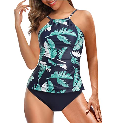 Badeanzug Damen,Tankini Damen Bauchweg Push Up Schulterfrei Bademode mit Bikinislip Tankini Top Zweiteiliger Badeanzug Swimsuit Blumendruck Sport Beachwear