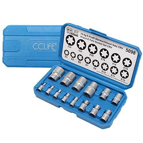 CCLIFE 14tlg Torx Nuss Set E Profil Stecknüsse Steckschlüssel Satz Außentorx E4-E24 1/4 3/8 1/2 Zoll Steckschlüsseleinsätze