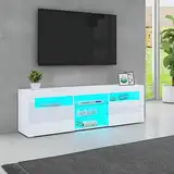BESTWABTED LED-TV-Schrank Moderner Hochglanz-TV-Schrank mit 2 Türen, 2 Schubladen und offenen Regalen, Sideboard für Schlafzimmer, Wohnzimmer, Wohnmöbel (Weiß)