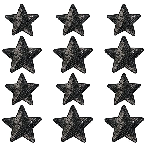 Liitata 12 Stück Stern Pailletten Patches Glitzer Sterne Aufbügeln Aufnäher Dekoration Patches für Kleidung Jacke Shirt Jeans Hose Hüte Taschen Rucksäcke Schuhe - Schwarz 2 Größen