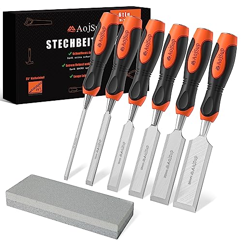 AojSup Stechbeitel Set für Holz 6tlg. inkl. Scharfes Stecheisen Set (6, 12, 19, 25, 32, 38mm) und Schleifstein, Profi Beitel Satz mit 25° Keilwinkel, Holzmeißel Set mit Robuster Metall-Schlagkappe