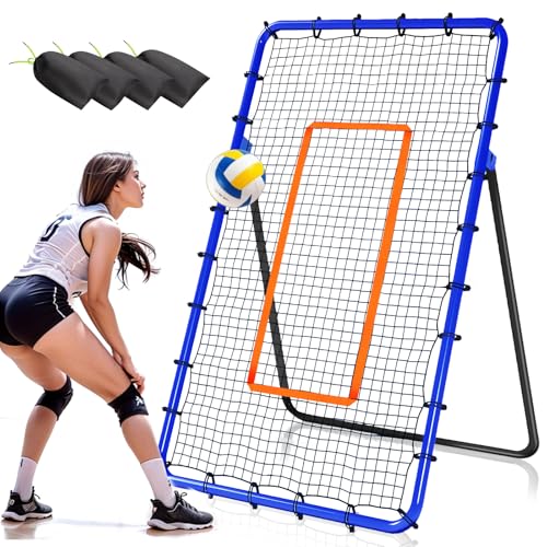 Orealla Volleyball-Rebounder-Netz, 5 Winkel, verstellbares Volleyball-Trainingsgerät, Rückprallnetz mit stabilen Sandsäcken und Metallpfähle, auch für Lacrosse, Baseball, Fußball, 2,8 x 1,2 m