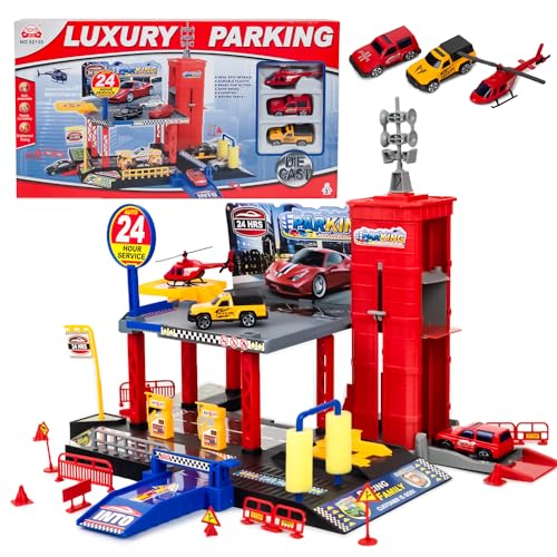 CELMAN Parkgarage Spielset für Kinder - Multilevel Spielzeugauto Parkhaus mit Handbetriebener Aufzug, inkl. 2 Metall Autos, Helikopter und Zubehör, Spielzeug für Kinder ab 3 4 5 6 7 8 Jahren