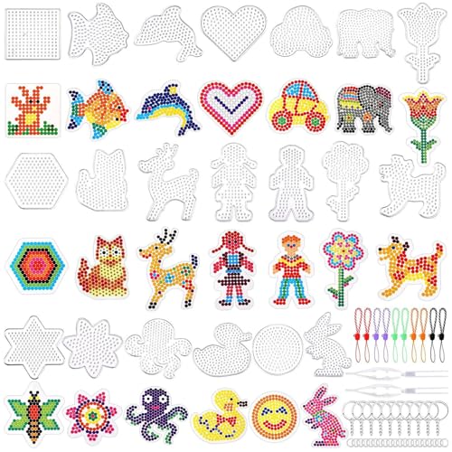 Elfinfi 20 Stück Bügelperlen Platten, 5mm Bügelperlen Vorlagen, Transparente Bügelperlen Formen, 20 Muster Steckplatten Bügelperlen für Kinder Geschenk Jungs Mädchen
