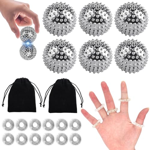 6 Igelball Massageball + 12 Akkupressurringe, Magnetische Igelbälle, Akupressur Ringe Set, Skills Borderline Set, Akupressurring Finger Massageringe für Fingermassagering, Igelball für Stress Relief