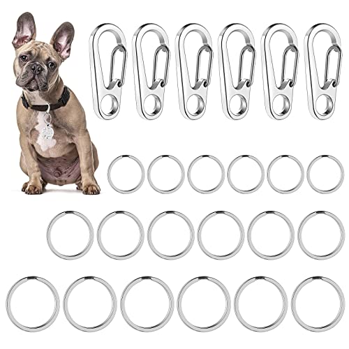 TIESOME Hundemarken Clips mit Ringen, 6 Stück Hundemarken Clips 18 Stück Markenringe Edelstahl Haustiermarken Clip Hundemarken Halter Schnellverschluss für Halsband und Geschirr 1,3 x 0,6 Zoll