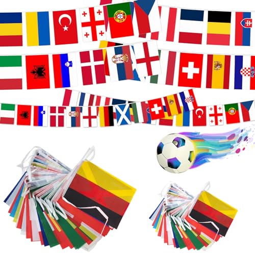 2Pack Olympia Flagge Deko 2024 16m，48pcs Europäischen Ländern Olympische Flagge, Flaggen Der Welt, Em Fußball Wimpel Wimpelkette Für Bar Party Dekorationen, 14 * 21cm+20 * 28cm