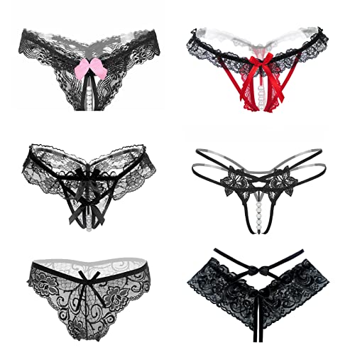 Lsexyier 6er Packs Damen Spitze Tanga Bowknot Sexy G-String, String Ouvert Damen mit Perlen Blumen Loch Set Frauen Frau