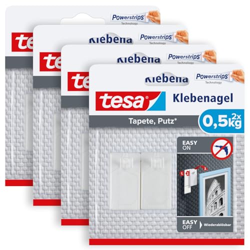 tesa Klebenagel für Tapeten und Putz 0,5kg im 4er Pack - Selbstklebende Nägel für empfindliche Oberflächen - rückstandslos - Bis zu 0,5 kg Halteleistung pro Nagel - 4x 2 Klebenägel