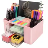 DoDuo Schreibtisch Organizer Weiß, Plastik Stifthalter Schreibtisch 5 Fächer und 2 Schubladen, Multifunktionaler Desk Organizer Kinder Aesthetic für Stifte Büro Zuhause Schule (Weiß) (Rosa)