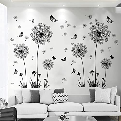 Arawat 2 St. Wandtattoo Pusteblume Wohnzimmer Wandtattoo Blumen Wandaufkleber Schlafzimmer Wandsticker Kinderzimmer Fenstertattoo zum Kleben Schwarz Wandbilder Pflanzen für Küche Bad Flur Fenster Tür