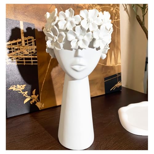 Keramik-Skulptur mit weiblichem Kopf, Blumenvase, Dekoration, einzigartiger weißer Mittelpunkt für Heimdekoration