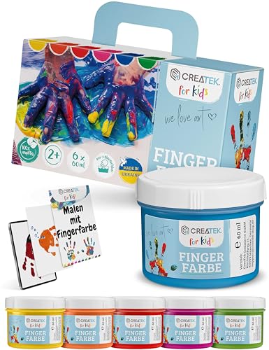 CreaTek - Fingerfarben Kinder ungiftig ab 2 Jahre - inkl. toller Vorlagen - 100% sicher, vegan, geruchlos & auswaschbar - 6x leuchtende Grundfarben je 60ml - Fingermalfarben für Kinder ungiftig