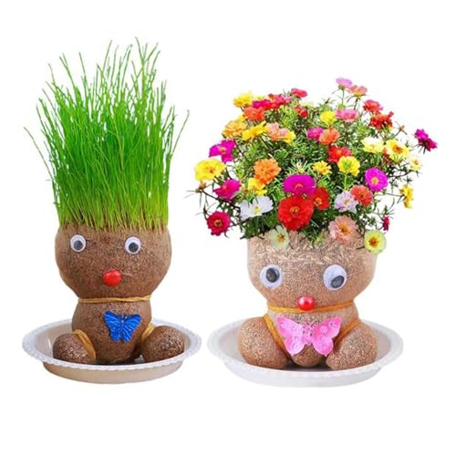 Graskopf Wachsende, Blumenkopf Graskopf Puppen Pflanze, Grasköpfe Puppenpflanze Für Kinder, Graskopf Haarwuchs Spielzeug Mini Bonsai Gras Kopf Figurm Mit Tablett Topfpflanzen Für Tischdekoration