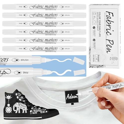 Weiß Textilstifte Waschmaschinenfest 6 Stk, Stoffmalstifte Waschfest Textilmarker Waschmaschinenfest, Stoff Stifte Waschfest Weiß Dual Tip Permanent Marker für Hut T-Shirts Taschen zum Bemalen