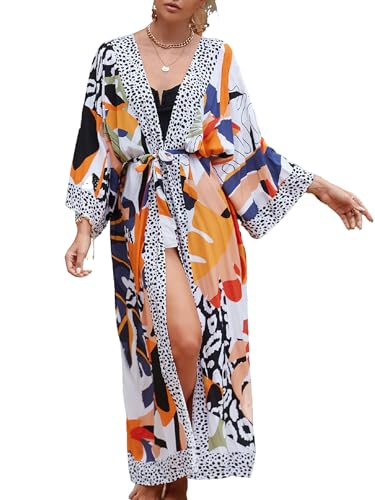 Jarseila Damen Kaftan Boho Kimono Lange Strickjacke Damen Kaftan Strandkleid Übergroßer Bikini Cover Up Geräumige Vertuschungsroben Sommer Beachwear #B-Weiße Blätter
