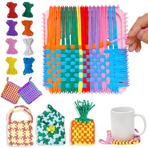janeunique Webrahmen für Kinder, geschenke für mädchen, DIY Bastelset Mädchen ab 4 5 6 7 8-12 14 jahre, 18 x 18cm, 8 Farben Regenbogenfarben elastische Sei