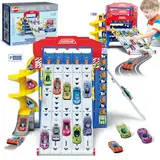 VATOS Schiebeparkplatz für Kinder, Aufbewahrung Rennwagen Track Truck Spielzeug mit 10 Autos für Jungen im Alter von 3 4 5 6 7 8, Ideal Geburtstag Schuljahr Geschenk Auto-Set für Jungen Mädchen