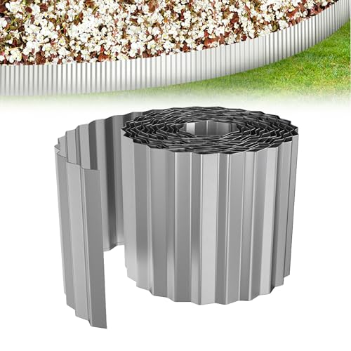 XMTECH Gewellte Rasenkante 10m, Beetbegrenzung aus Metall, verzinkt, flexibel, Beeteinfassung Beetumrandung, Beetbegrenzung für Hochbeete, Baumumrandungen, 15cm hoch, Silber