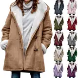 Winterjacke Damen Lang Wintermantel Wildleder Fleecejacke Lose Winterparka Winter Warm Cardigan Outwear Einfarbig Kapuzenjacke mit Kapuze und Seitentaschen Winterjacke Damen Wildleder Übergangsjacke