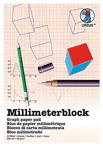 Ursus 7074000 Millimeterblock, DIN A3, 80 g/qm, 25 Blatt, Raster 1 mm, roter Druck, mit Gitternetz, aus holzfreiem, weißen Schreibpapier, ideal für technische Zeichnungen