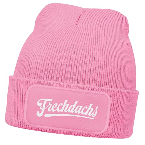 MoonWorks® Wintermütze Kinder Beanie für Mächen mit Patch Aufdruck Schriftzug Frechdachs Print Strickmütze Rosa Unisize