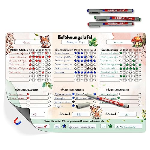 TOBJA XL Belohnungstafel Kinder A3 - Motiviert Kinder spielerisch zum Erfolg! | Belohnungstafel Kinder ab 3 bis 10 Jahre | Belohnungssystem magnetisch inkl. 4 Bunte Markenstifte