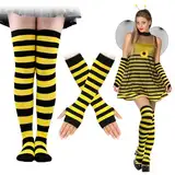 BOOMTOP Biene Kostüm Strümpfe Stulpen Bienen Fingerlose Handschuhe Schwarz Gelb Gestreift Beinwärmer Biene Karneval Kostüm Overknees gestrickte Strümpfe Fasching Accessoires Animal Party Mottoparty