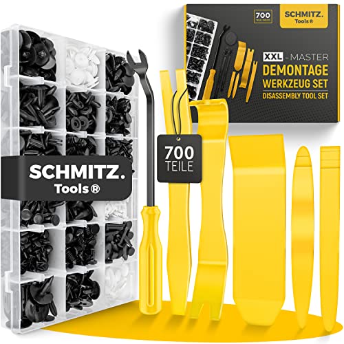 Befestigungsclips Auto + Auto Demontage Werkzeuge Set von SCHMITZ.Tools [700 Teile] Hebelwerkzeug Auto - Kfz Werkzeug - Auto Zubehör Innenraum - Auto Clips - Klips - Spreiznieten - Befestigung Clips