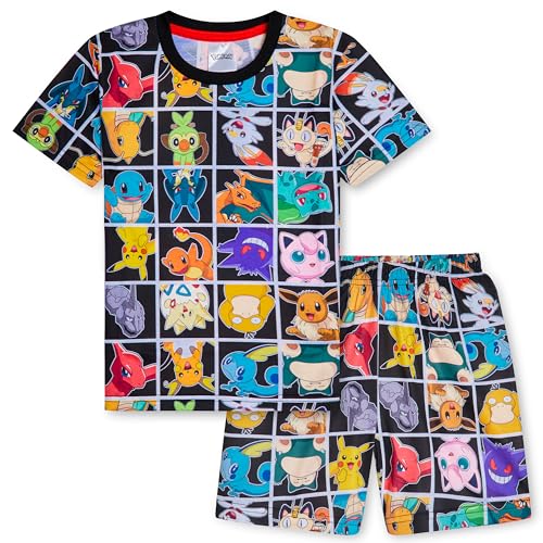 Pokemon Schlafanzug Jungen, Sommer Pyjama Set mit T-Shirt und Schlafhose Shorts (Mehrfarbig, 13-14 Jahre)