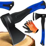 MASKO® Spaltaxt Spaltbeil Axt Beil Spalthammer Spaltkeil FIBERGLAS-Stiel + Handschuhe Die Perfekten Werkzeuge für Garten und Wald Universal | Robust | Langlebig | Rostfrei | Holzbeil 800g