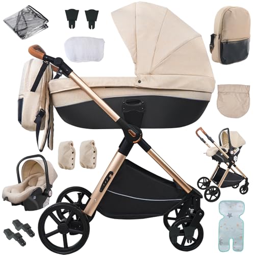 Nine point nine Kinderwagen 3 in 1, Kinderwagen Set mit Umkehrbarem Doppelschiebemodus, Kombikinderwagen 3 in 1 mit Großer Bequemer Babywanne, Kinderwagen Rahmen Aluminiumlegierung (H2 Yellowish)