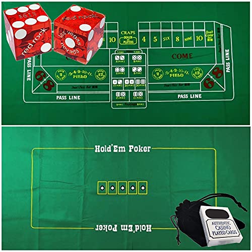 Craps & Texas Hold'em Poker Essentials Set: 2-seitig, 1,8 m x 0,9 m, Filz-Layout, Las Vegas Casino Tisch-Würfel & Karten, plus Aufbewahrungstasche (Red Rock (Rot poliert))