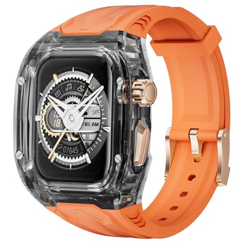 Delidigi Rugged Durchsichtige Schutzhülle mit TPU Armband Kompatibel mit Apple Watch Serie 9/8/7(45mm) iWatch Serie 6/5/4/SE/SE2(44mm) Ersatzarmband für Männer Frauen-Orange