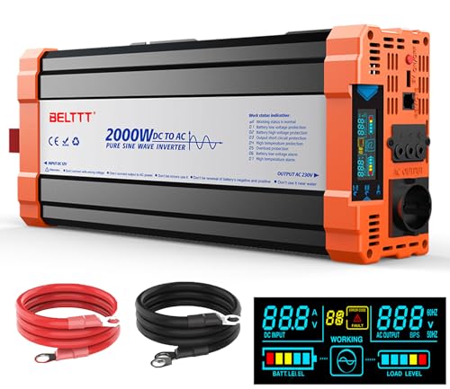 Wechselrichter Spannungswandler 12V auf 230V Reiner Sinus Wechselrichter 2000W Inverter mit EU Steckdosen,USB Ausgang und LCD-Anzeige Spitzenleistung 4000W für Kfz LKW Camping Notfall Haushaltsgeräten