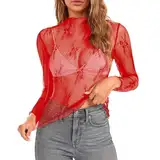 Netzoberteil Damen Spitze Mesh - Langarmshirt Damen Transparent Shirt Damen Schwarz Bow Print Rundhalsausschnitt Mesh Shirt Damen Langarm Durchsichtige Schwarze Bluse Sheer Mesh Bluse