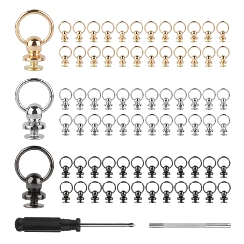 lahnao 75 Stücke Head O Ring Nieten, 8mm Kopf Button Stud Nieten Set mit Schraubverschluss, Schraubendreher und Stanzen, Nieten für Leder Geldbörsen, Handytaschen, Kleidung(Gold Silber Schwarz)