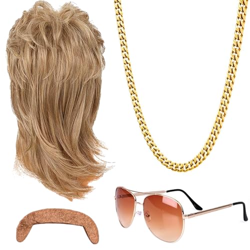 Forhome Vokuhila Perücke Herren 4er Set Herren Perücke 80er 90er Jahre Outfit Accessoires Herren Blond Perücken Wig Sonnenbrille Halskette Für Fasching Cosplay Halloween Kostümfeste Usw