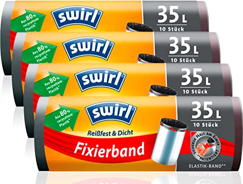 Swirl Reißfest & Dicht Fixierband Müllbeutel 35 l (4 x 10 Beutel), tropfsichere Müllsäcke für den Hausmüll, reißfeste Mülltüten für sicheren Halt am Mülleimer