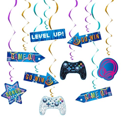 WERNNSAI Videospiel Hängewirbel – 21 Stück Videospiel Partydekorationen für Jungen Gamer Geburtstagsparty Decken Fenster Tür Dekorationen hängende Wirbel Luftschlangen für Gaming Night Partyzubehör