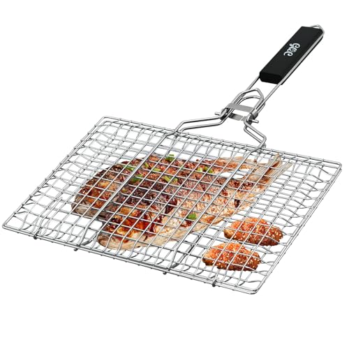 GQC Grillkorb, Tragbarer Grillkorb, Edelstahl Faltbare BBQ Grill Mesh Klemme mit abnehmbarem Griff für Fisch, Steak, Garnelen (33X22cm)
