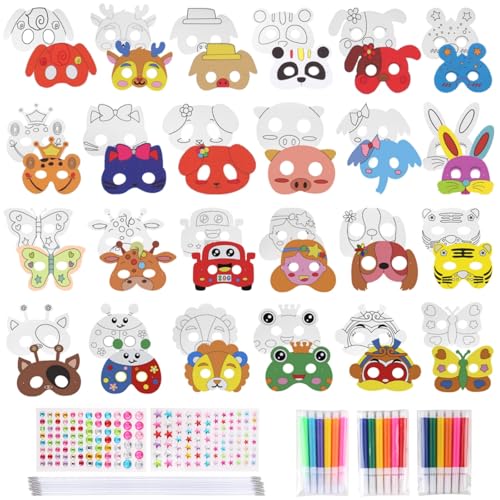 24 Stück Masken zum Bemalen Kinder, Tiermasken zum Ausmalen, Bemalen Blanko Papiermasken zum Bemalen, Tiermasken für Kinder, DIY Masken für Kindergeburtstag, Halloween, Weihnachten, Bühnenaufführungen