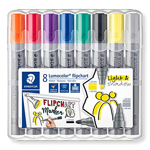 STAEDTLER Lumocolor, farbintensive, schnelltrocknende, geruchsarme Tinte, schlägt nicht durch Papier durch, 8 flipchart Marker in aufstellbarer STAEDTLER Box, 356 SWP8