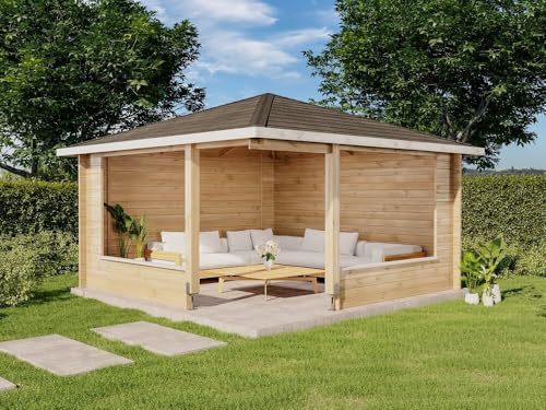 Alpholz 5-Eck Gartenlaube Maik-40 aus Massiv-Holz, Gartenhaus mit 40 mm Wandstärke, Gerätehaus inklusive Montagematerial, Geräteschuppen Größe: 400 x 400 cm, Spitzdach