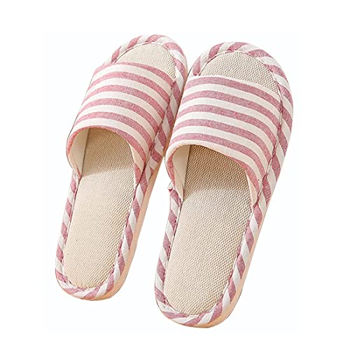 Oniphia Leinen Home Hausschuhe Leinen Slides Sommer Pantoletten Slippers für den Innenbereich Leinen Rutschfeste Haushaltsschuhe(Rosa, EU37-38)