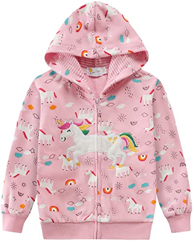 EULLA Kinder Mädchen Zip Up Hoodie Sweatjacke Kapuzenjacke Kapuzenpullover Langarm Baumwolle Rosa Einhorn Regenbogen Pullover Hoody Sweatshirt mit Reißverschluss 5# Rosa Einhorn Regenbogen DE 122