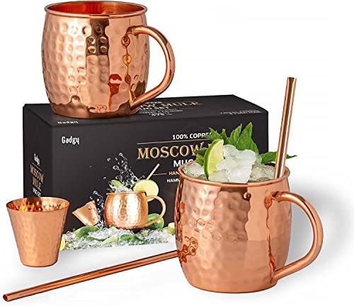 Gadgy Moscow Mule Becher Set - Cocktailbecher Set 2 Kupferbecher, 2 Strohhalme, 1 Barmaß - Kupferbecher reines Kupfer - Kupferbecher Moscow Mule handgemacht - Kupfer Becher Party Geschenk