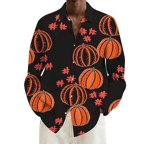 DGZTWLL Lustige Halloween-Hemden für Herren, Übergröße, lässig, Knopfleiste, langärmelig, Horror-Shirt, Kürbis-Geistdruck, Hawaii-Hemd, B-Orange, XL