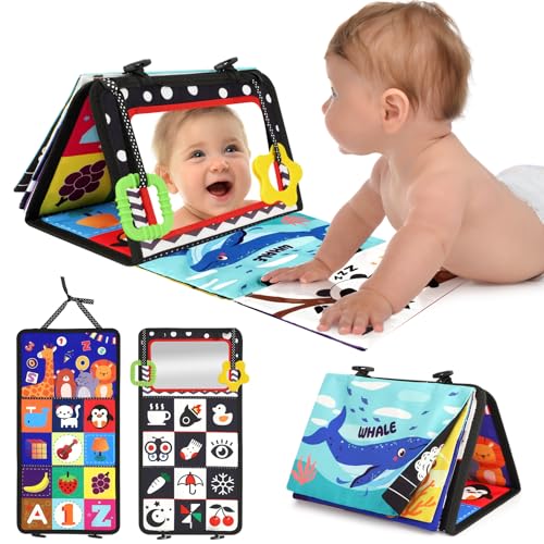 URMYWO Baby Spiegel Spielzeug mit Knisterbuch, Schwarz Weiss beißspielzeug Baby 0 3 6 9 Monate, kontrastbuch, Farben Lernen sensorik Spielzeug für Babys Jungen Mädchen Geschenke