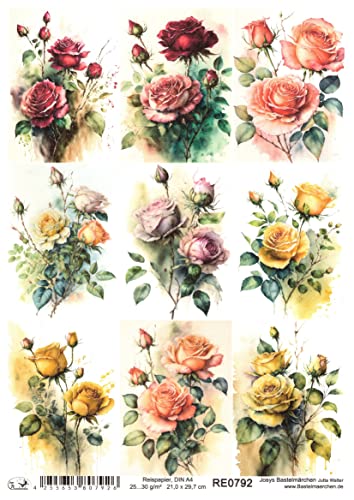 Josys Bastelmärchen Reispapier A4 Strohseide Decoupage Serviertentechnik Rosen Vintage gemalt RE0792